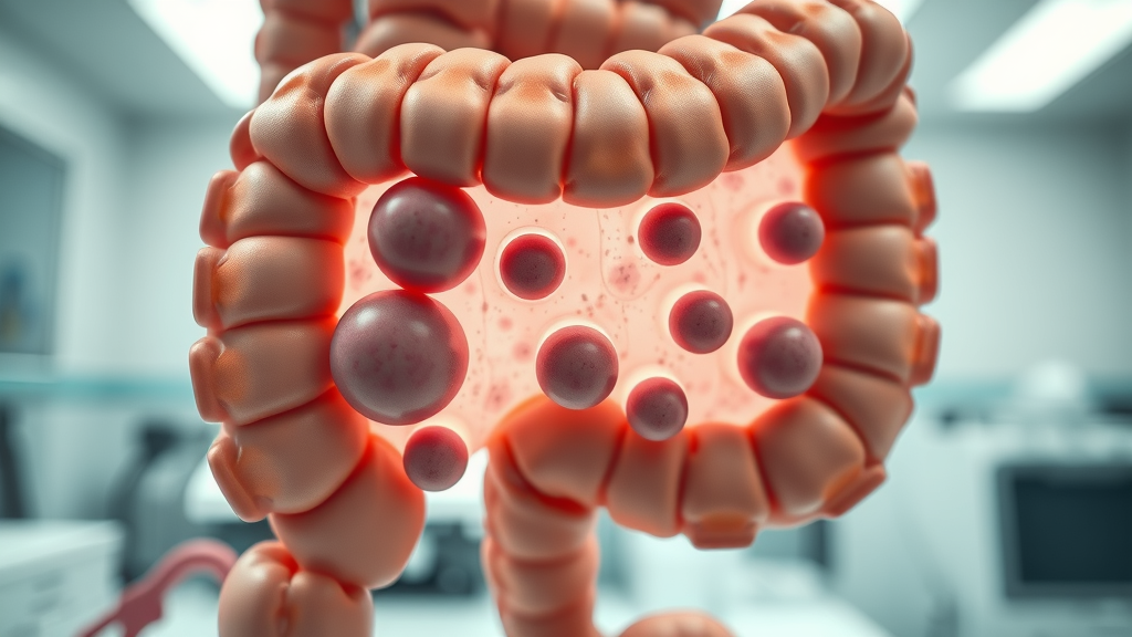close-up of colon cross-section with adenomatous, hyperplastic, and serrated polyps at different growth rates