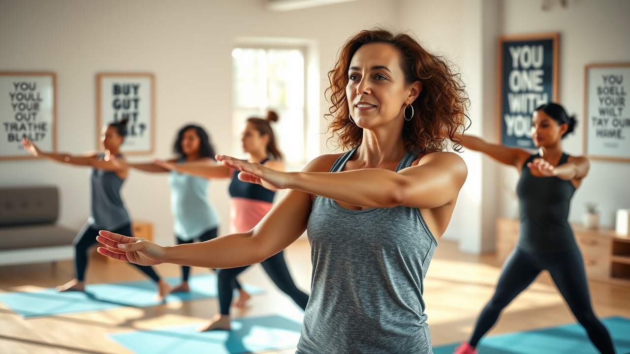 Jillian Michaels style wellness coach leading mindful stretching, Jillian Michaels