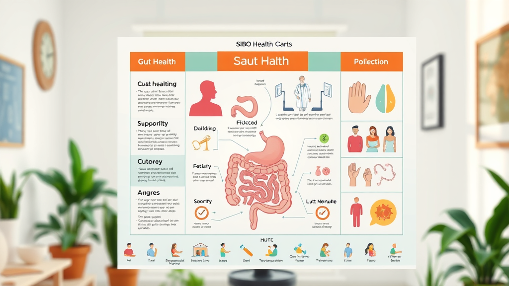 Medical infographic chart on gut health and the sibo diet food list for small intestinal bacterial overgrowth