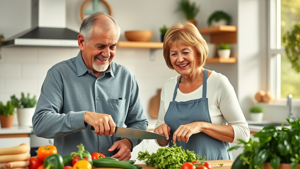 active senior couple preparing healthy meal in stylish modern kitchen, fresh produce, cheerful teamwork, natural daylight