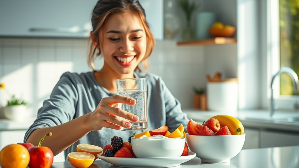 Person preparing healthy meal with water, fruit, and yogurt - prevent constipation, digestive health