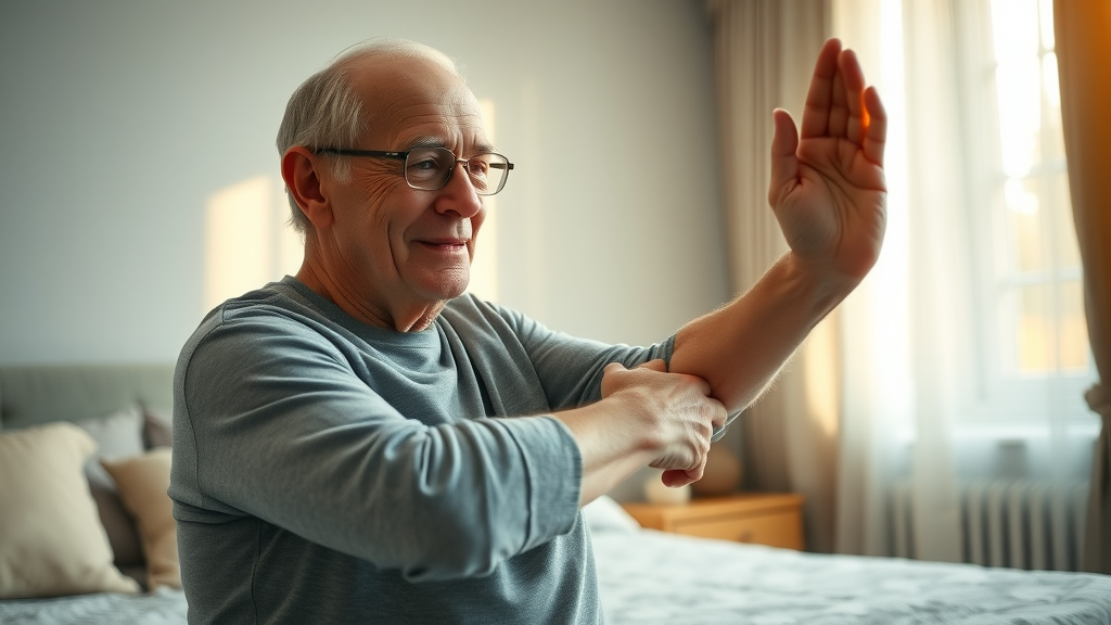 Hamstring stretch for knee arthritis: older adult gently stretching hamstring in calm bedroom setting