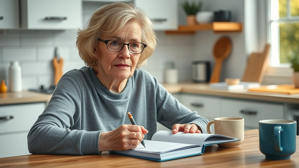 Tracking knee arthritis exercise: older woman journaling progress at kitchen table