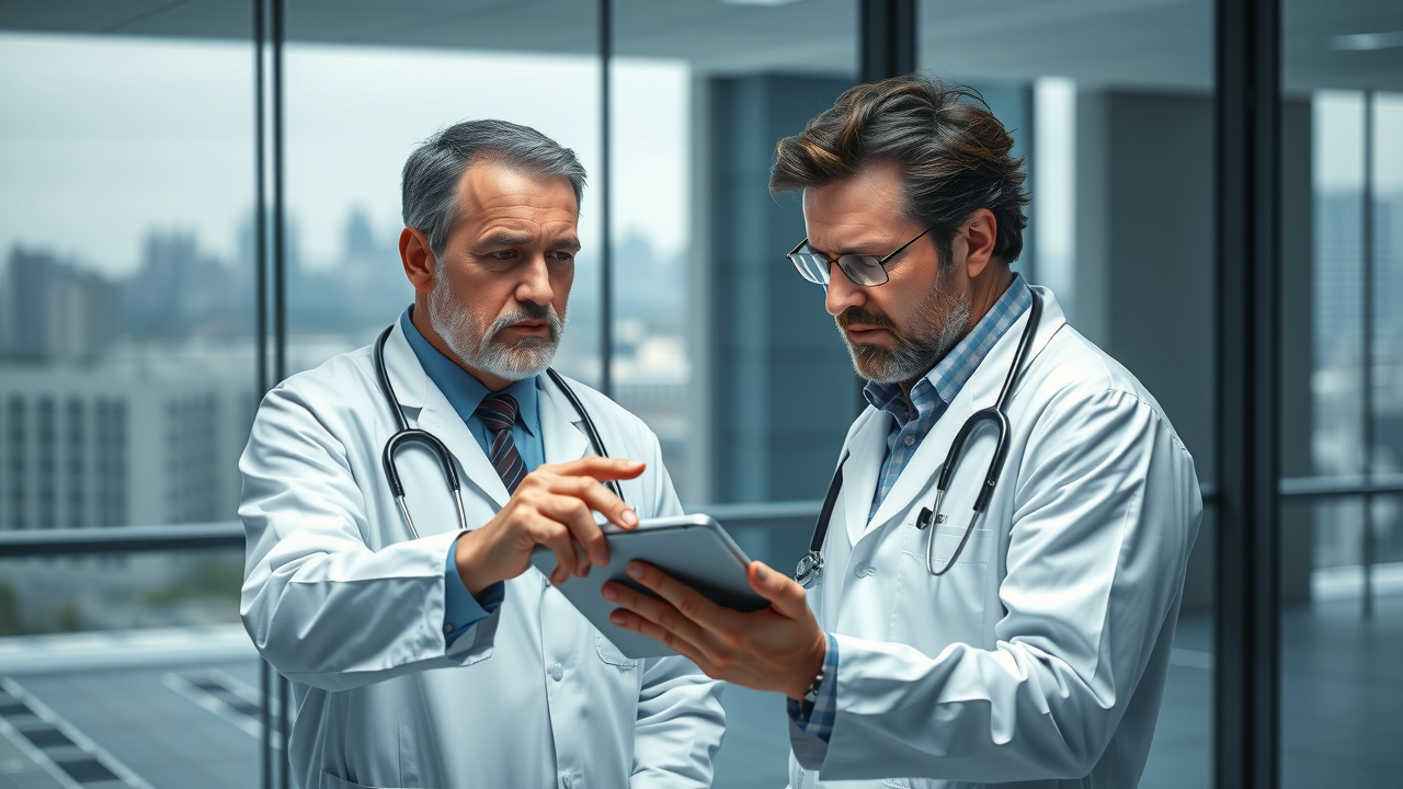 two doctors seriously debating blood pressure data in modern hospital conference room, expressive gestures, glass panels