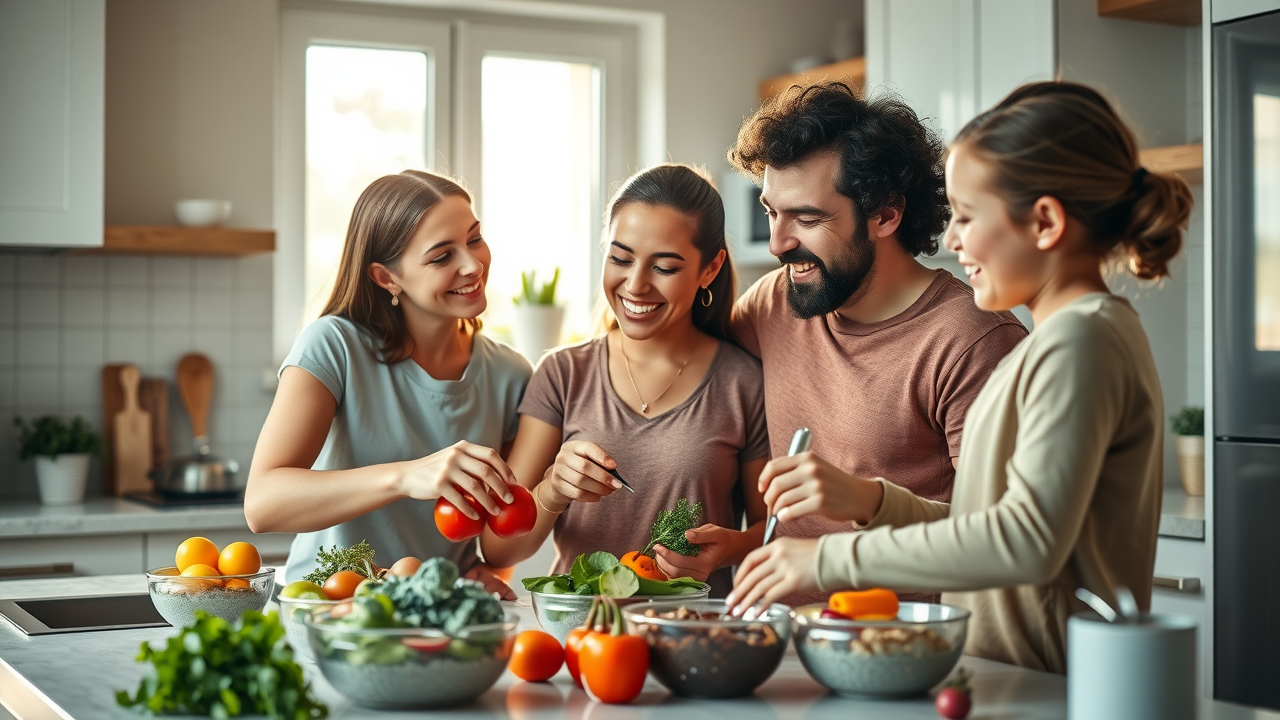 Healthy family enjoying the benefits of eating a whole foods diet by preparing fresh vegetables together in a sunlit kitchen