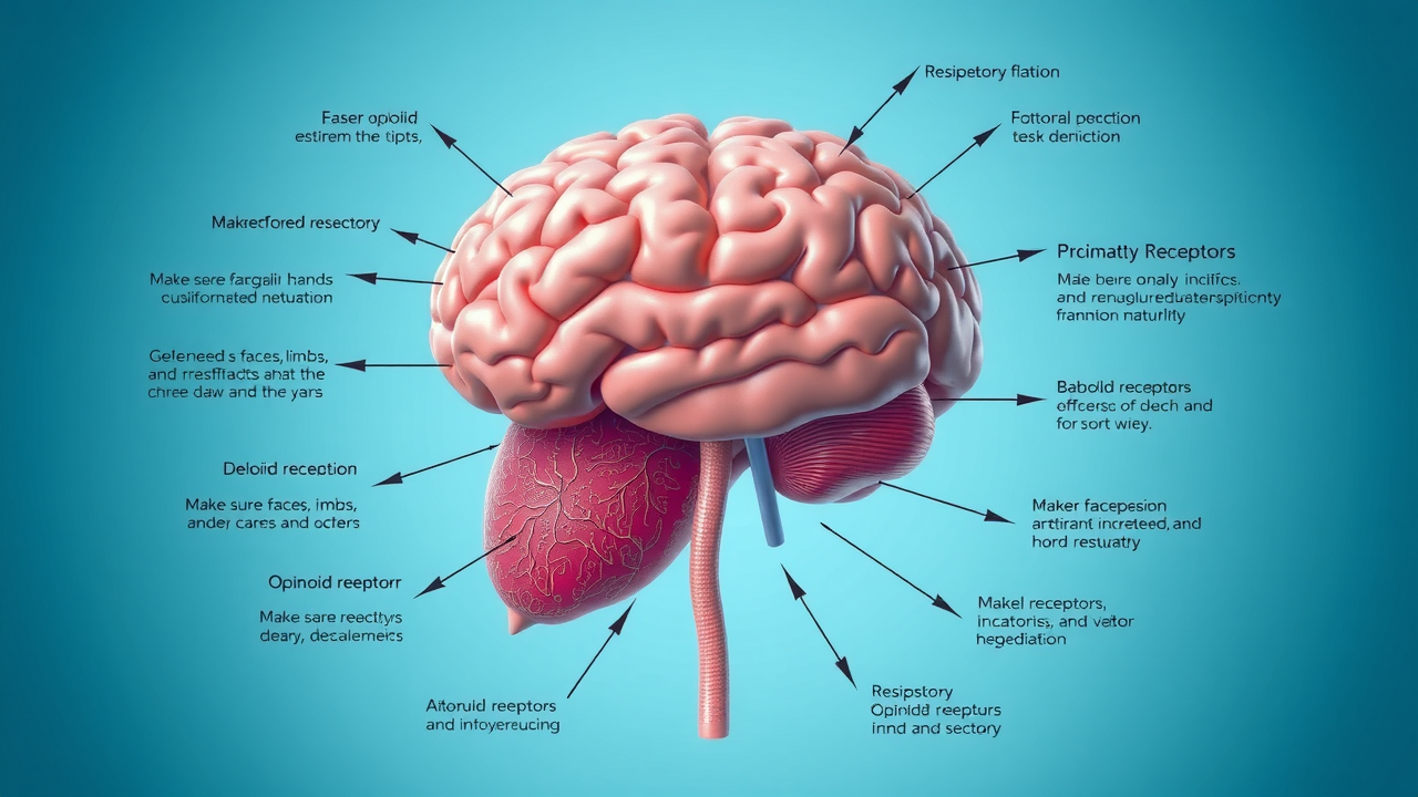 Diagram showing how opioids affect the brain and respiratory system, with opioid-receptor interactions and narcan (naloxone) reversal effects