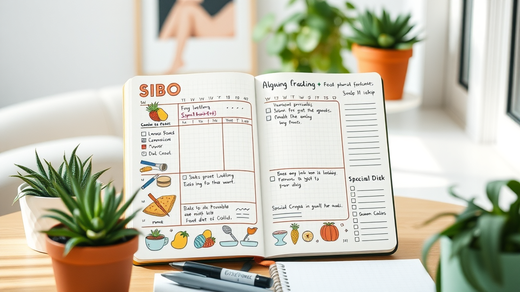 Organized bullet journal spread with food and symptom tracker for sibo diet food list