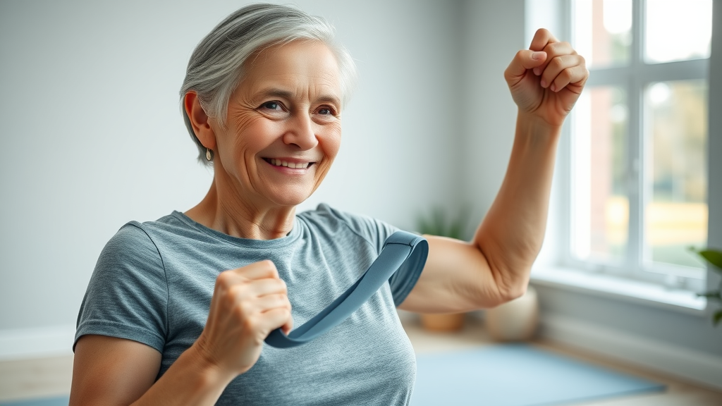 confident older woman doing resistance band bicep curl in home gym