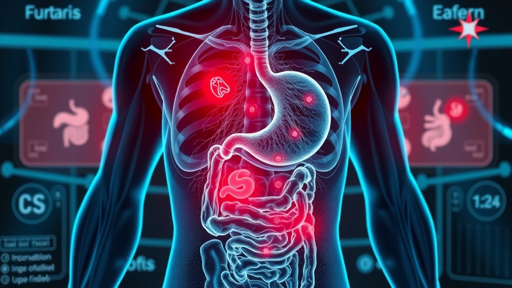 Illustration of human digestive system highlighting problem zones - digestive system, hard to digest foods