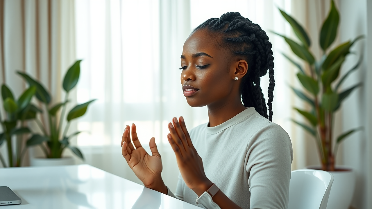 relaxed adult practicing deep breathing at a desk as part of effective ways to support mental wellbeing