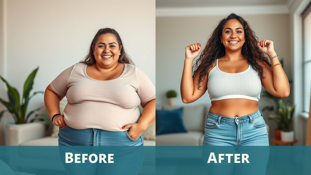 before-and-after photos of real people using weight loss at home remedies, home setting, belly fat reduction