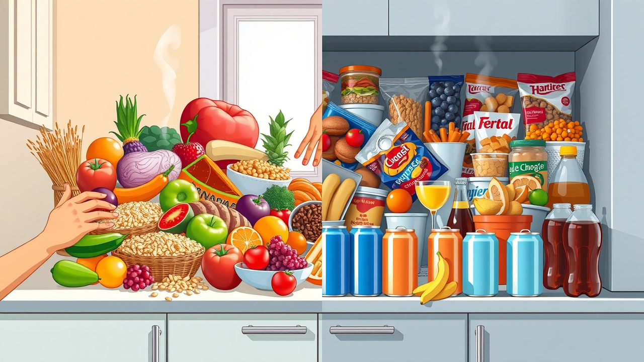 Dramatic split image of a healthy whole foods diet versus an unhealthy processed foods diet