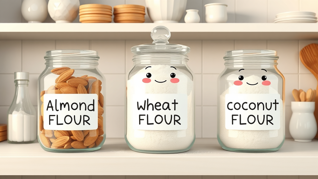 infographic-style comparison showing almond flour, wheat flour, and coconut flour in clear jars labeled for health benefits