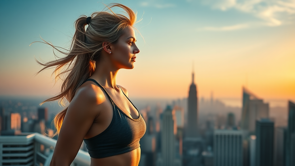 Jillian Michaels inspired rooftop sunrise reflection city fitness journey