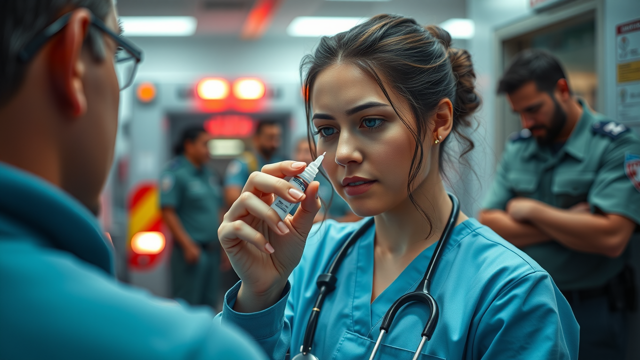 Compassionate healthcare worker administering Narcan (naloxone) nasal spray in emergency setting with paramedics and bystanders