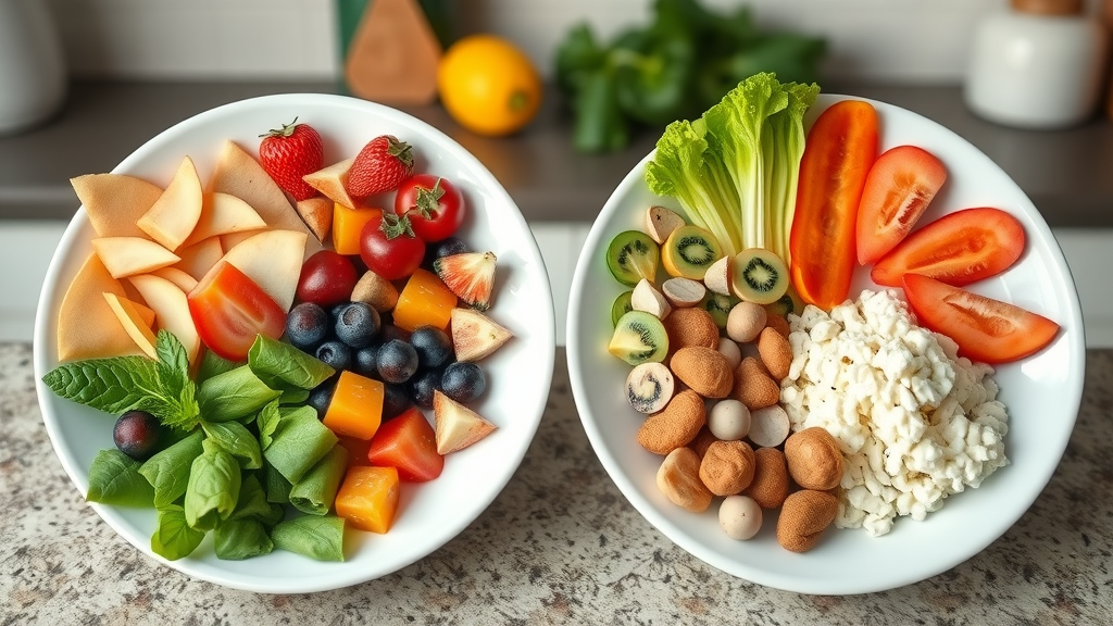 Contrasting plates with allowed and restricted foods for sibo diet food list, kitchen counter background