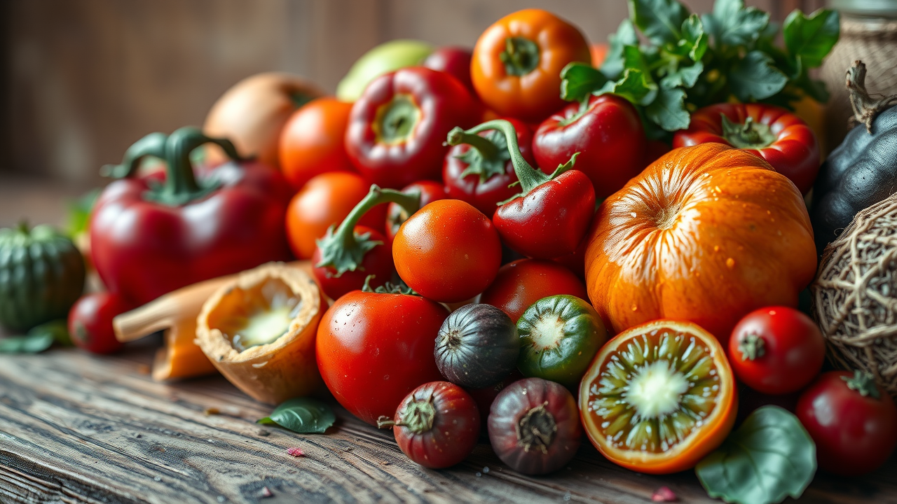 Close-up of assorted colorful fruits and vegetables showcasing vitamins, minerals, and benefits of eating a whole foods diet