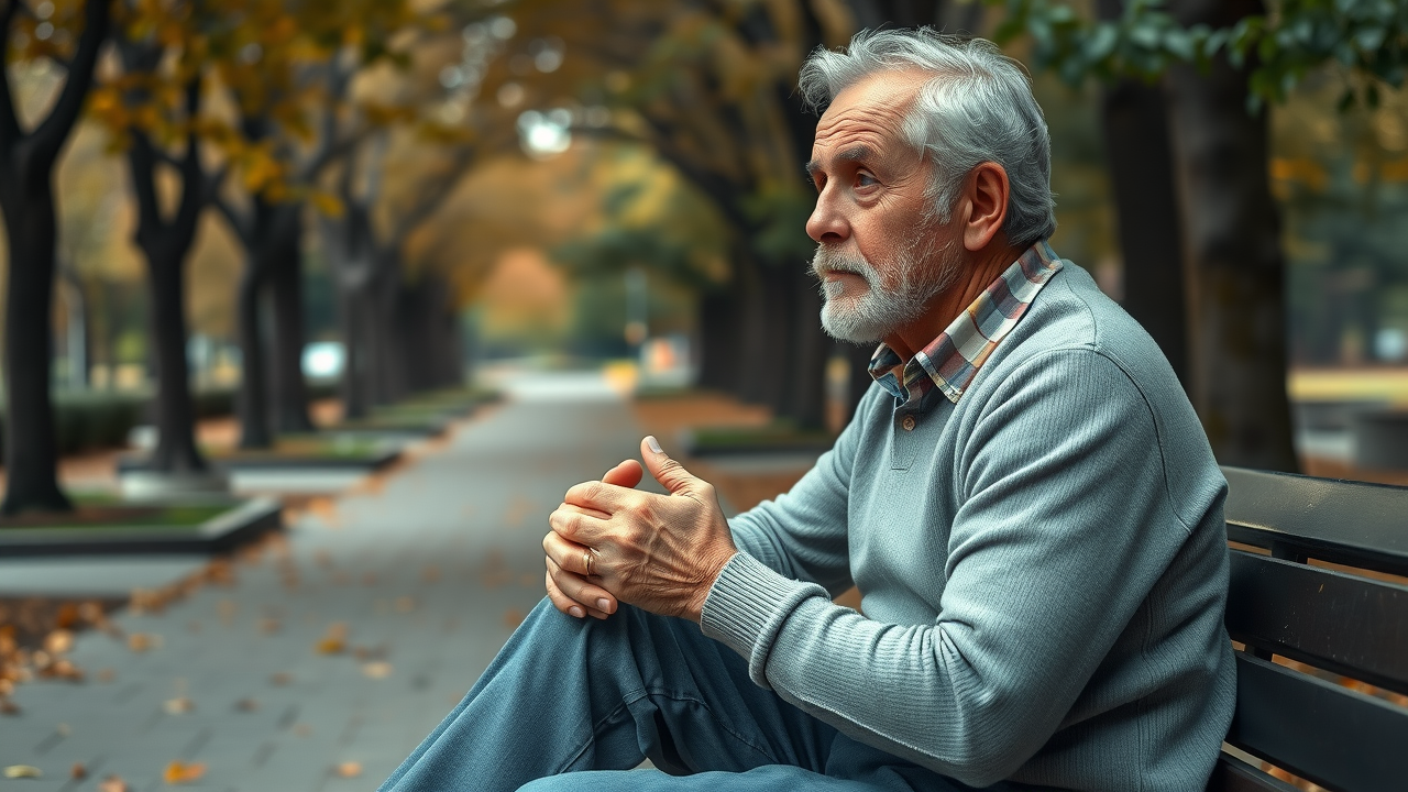 Knee arthritis: senior man sitting on park bench holding his knee gently, depicting daily impact