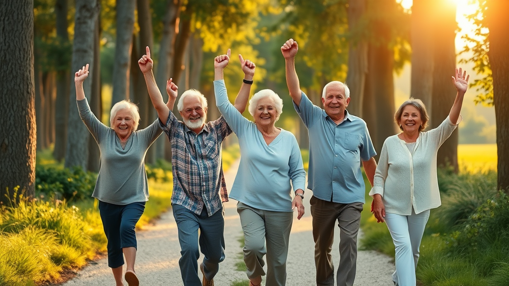 Key takeaways for knee arthritis: joyful elderly group walking on scenic path in sunlight