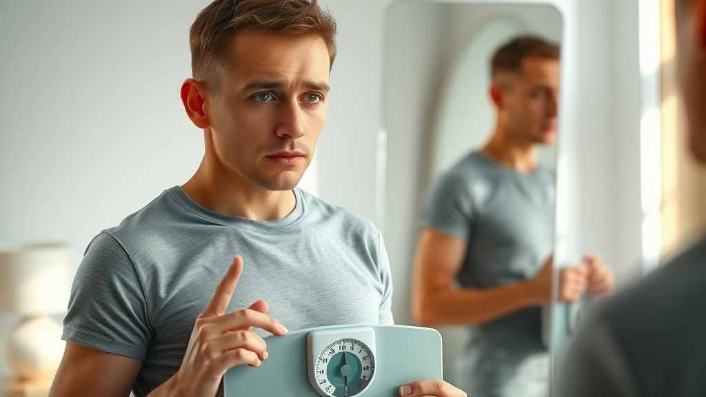concerned patient checks weight, reflecting sibo and weight loss possibility