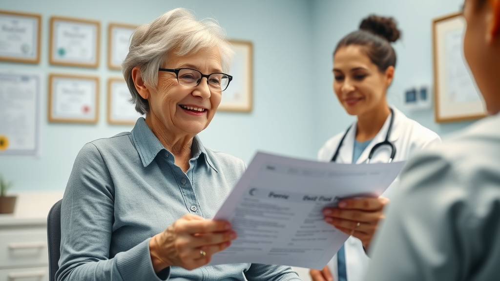 Managing knee osteoarthritis: senior woman discussing safe exercise plan with healthcare professional in bright office