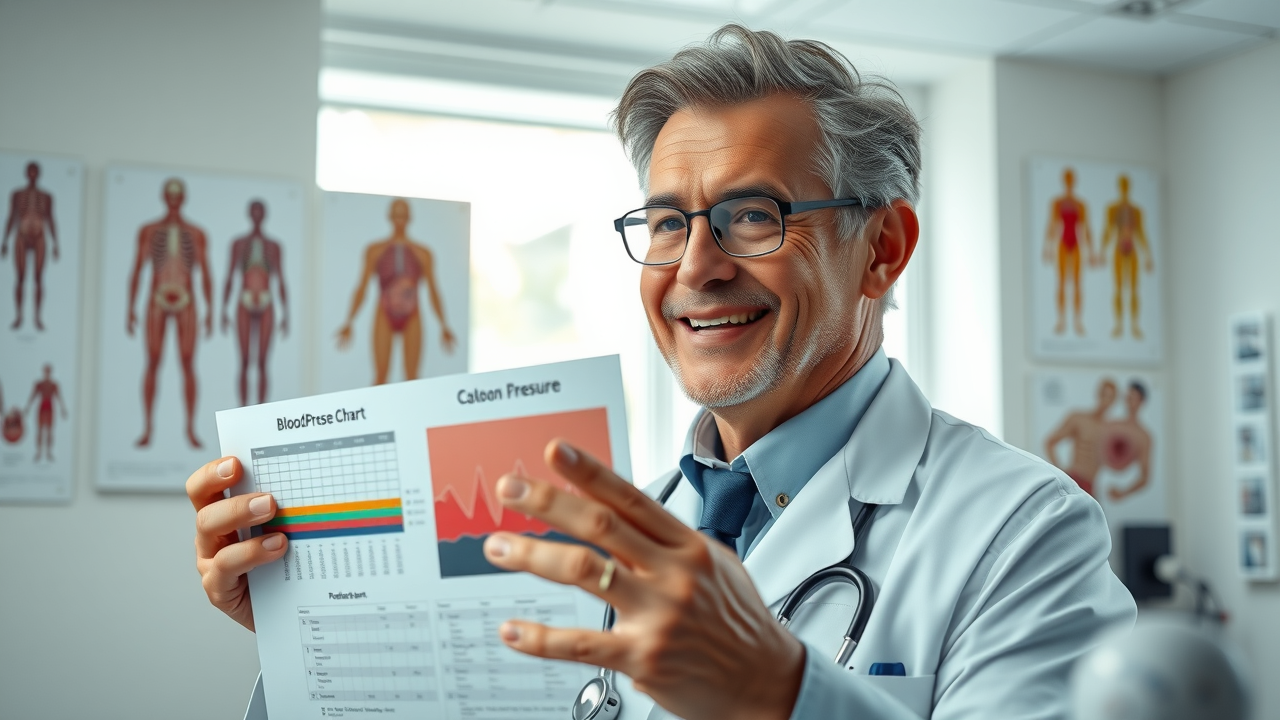 informative doctor explaining blood pressure chart with stethoscope in clinical office, anatomical posters, soft lighting