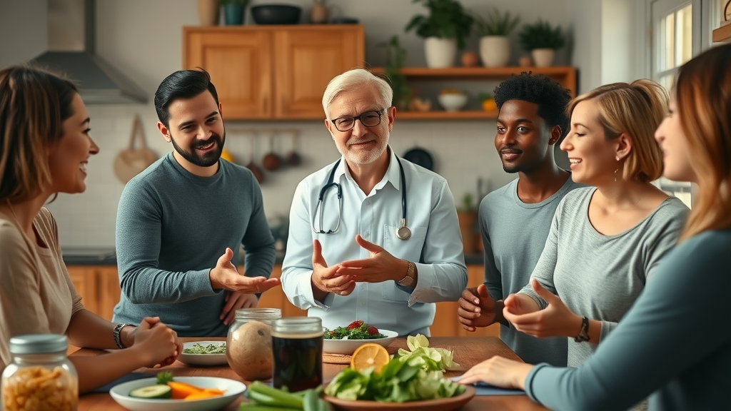 Modern nutritionist explaining the benefits of eating a whole foods diet to a diverse group in a cozy kitchen setting