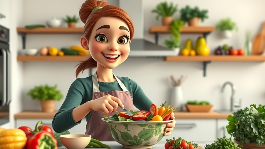 healthy meal prep in Jillian Michaels style cartoon kitchen