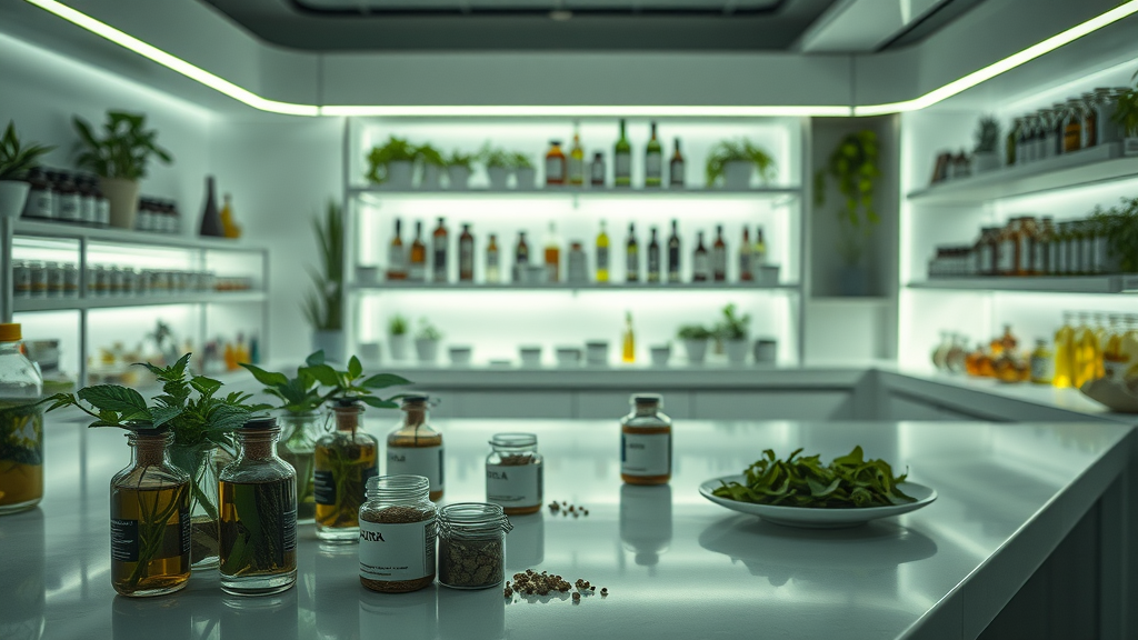 Herbal supplements and fresh herbs for gut health on the sibo diet food list, modern apothecary setting