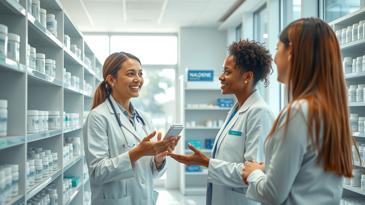 Pharmacy shelf with Narcan (naloxone) products and pharmacist assisting customer