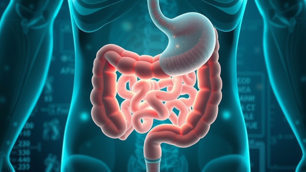 Calm stomach and intestine, transparent layers showing healing energy for small intestinal bacterial overgrowth with blueprint background