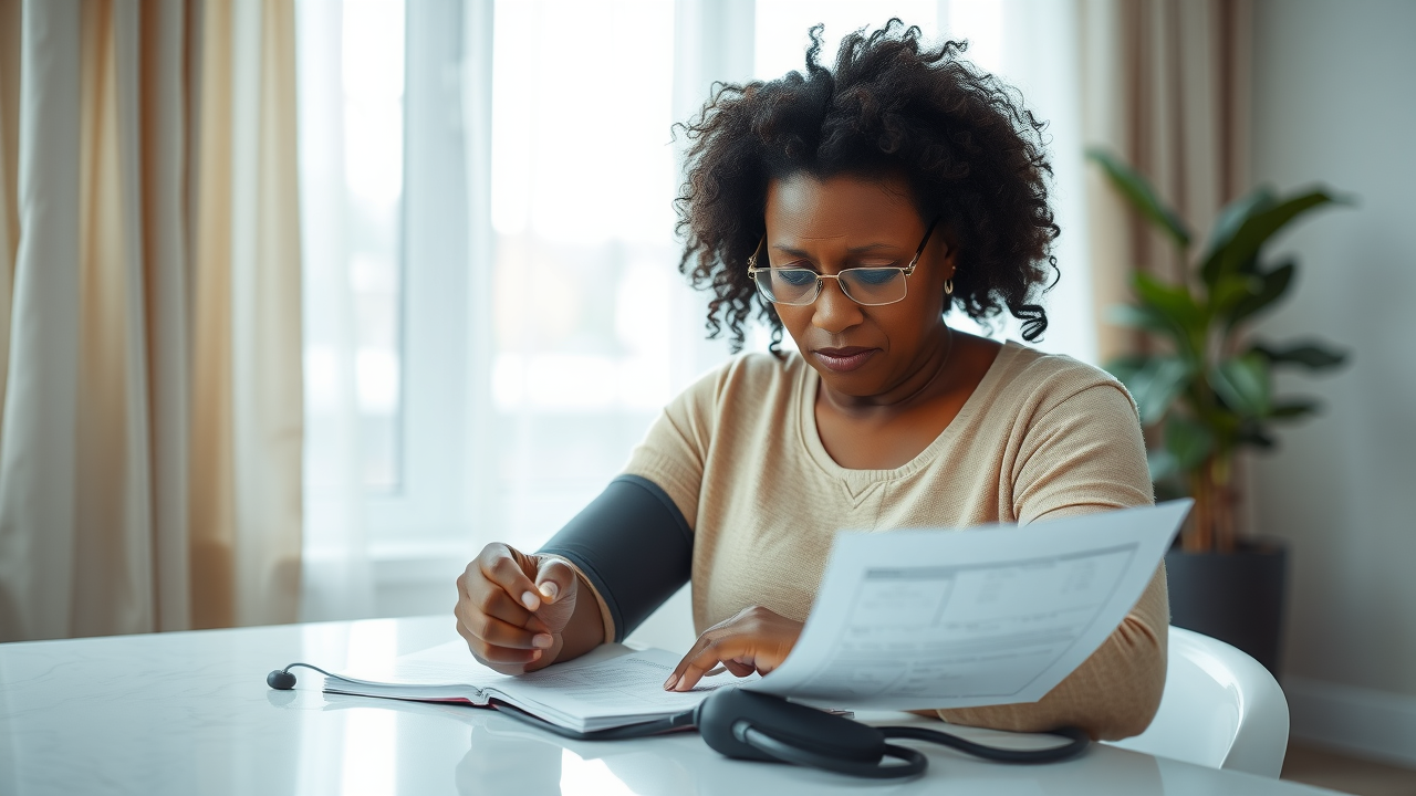 concerned middle-aged man reading new blood pressure guidelines at kitchen table with blood pressure monitor, modern home interior, natural daylight