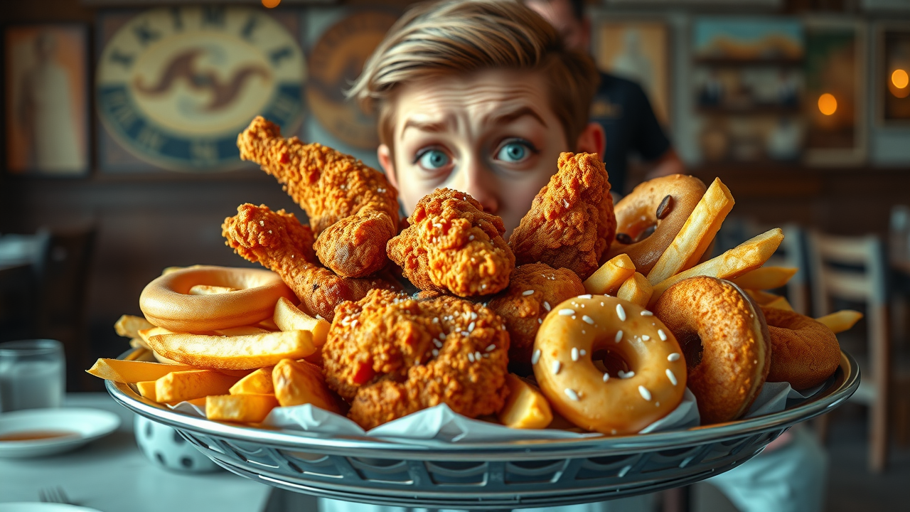 Platter of fried chicken, fries, and doughnuts - fried food hard to digest, digestive health