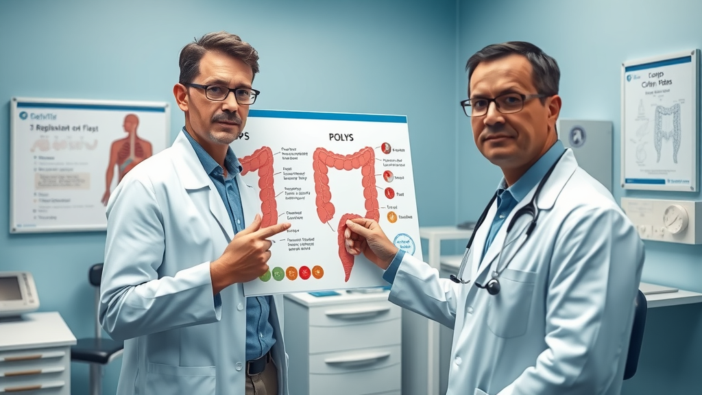 physician showing colon diagram with visible polyps, how fast can colon polyps grow