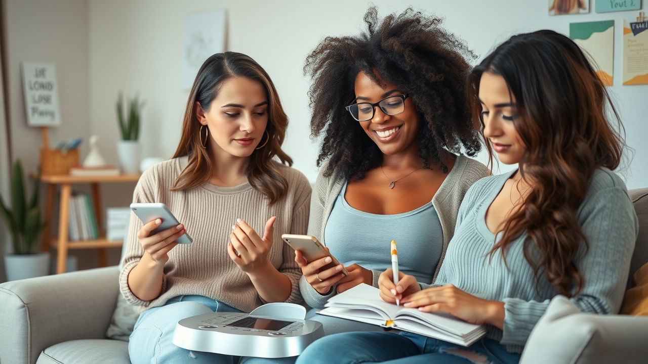 diverse adults engaged with weight loss apps and measuring tools at home, weight loss at home remedies, healthy weight