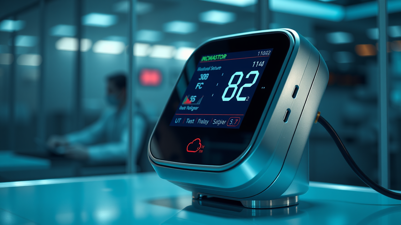 futuristic digital health monitoring device showing blood pressure data, clinical innovation lab, digital screens, metallic cool tones