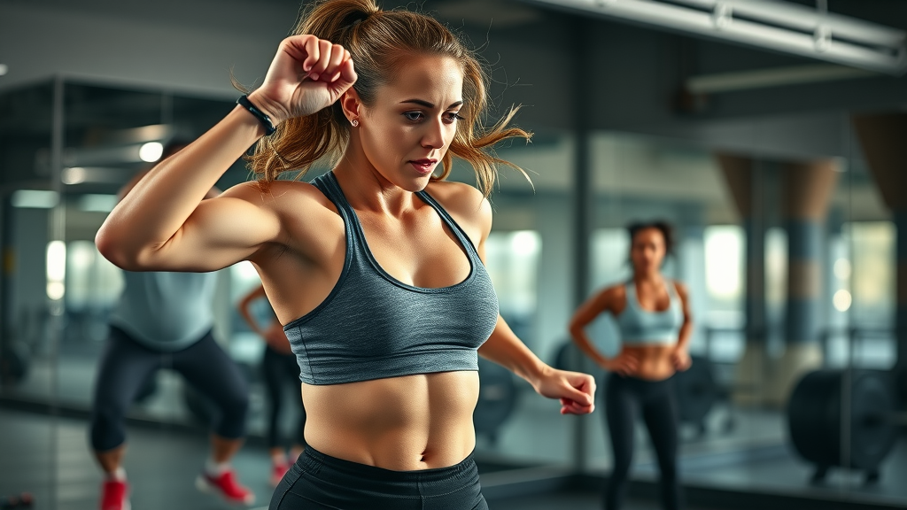 intense HIIT session with Jillian Michaels style instructor leading, bold fitness energy
