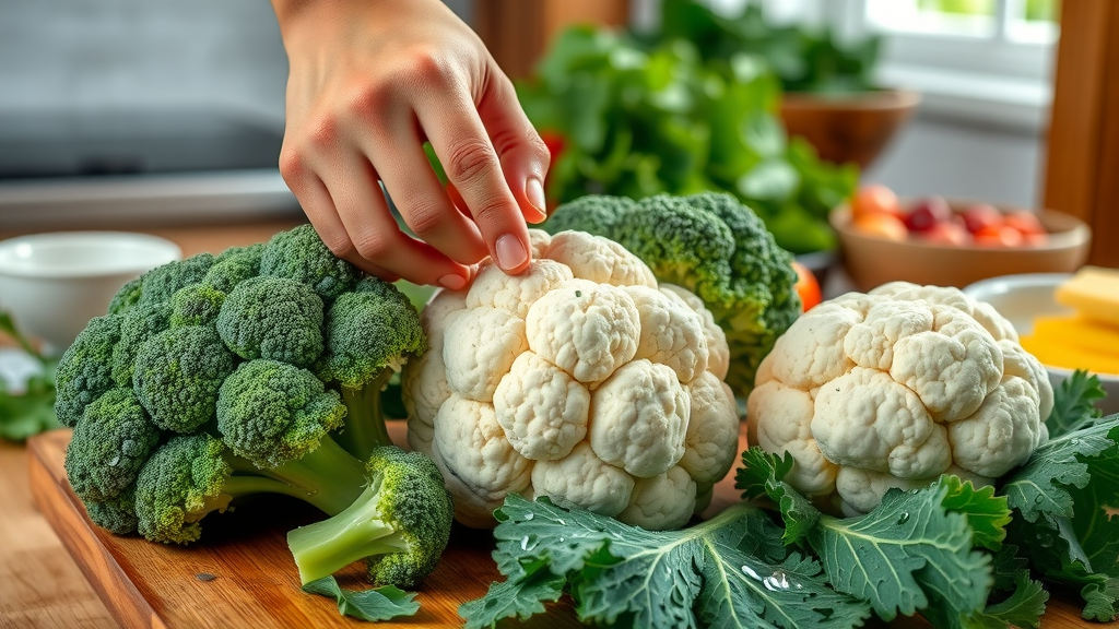 Raw broccoli, cauliflower, and kale on rustic board - raw vegetables, hard to digest, digestive health
