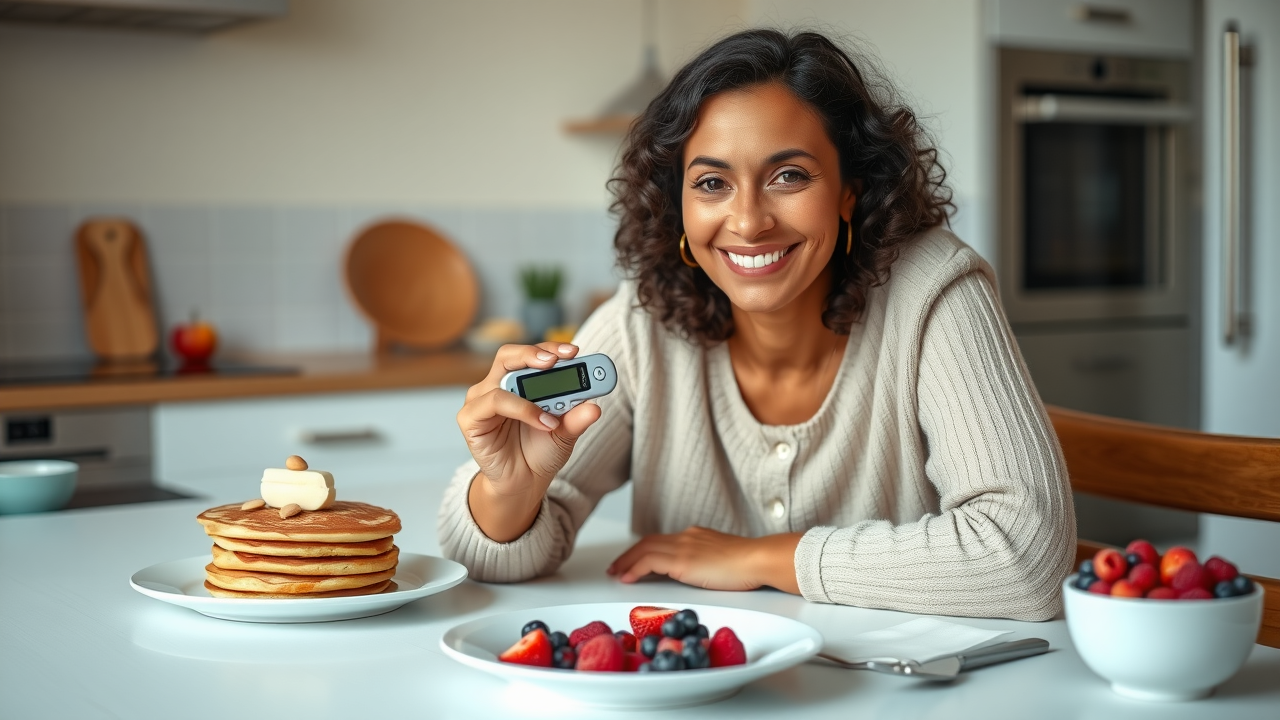 woman testing blood sugar with glucometer by almond flour pancakes, emphasizing stable sugar levels from health benefits of almond flour