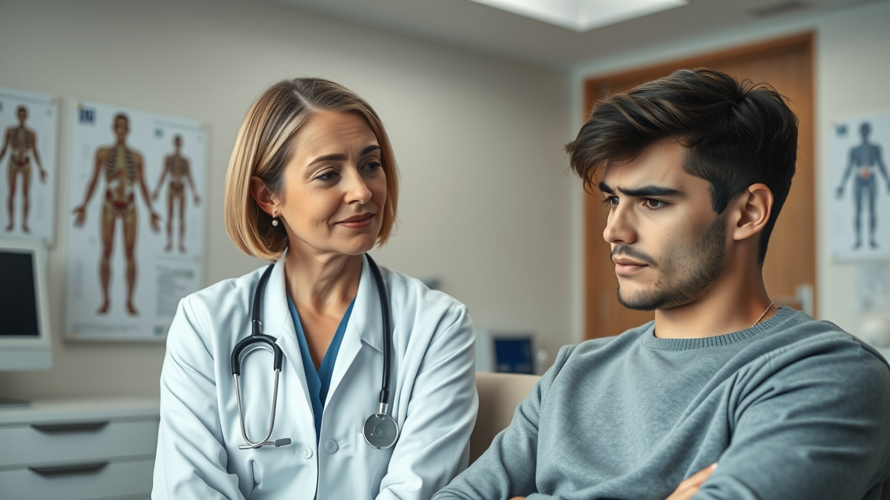 Doctor and patient discussing headache pain locations in a clinical setting