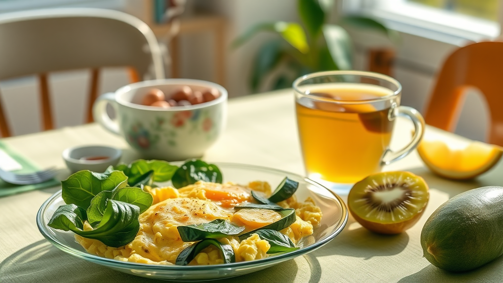 Fresh sibo-friendly breakfast - scrambled eggs, spinach, zucchini, kiwi, herbal tea for sibo diet food list