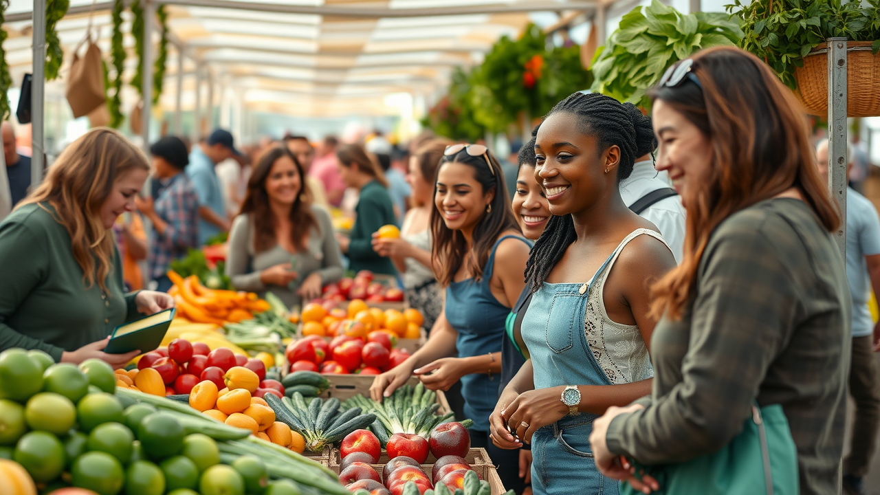 Vibrant farmers market showcasing benefits of eating a whole foods diet with fresh colorful produce and happy shoppers