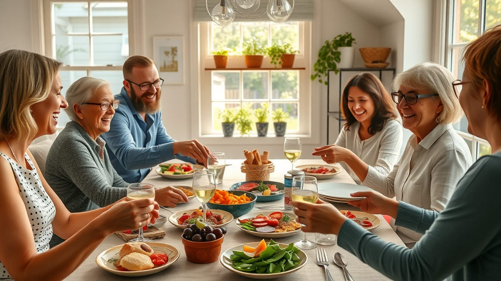 Family dining scene with diverse sibo-friendly foods for the sibo diet food list, sunlit table