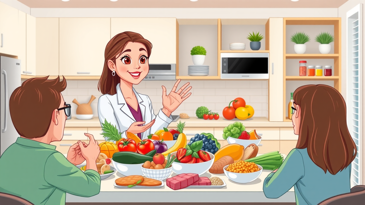 nutrition consultant presenting balanced Jillian Michaels meal plan kitchen
