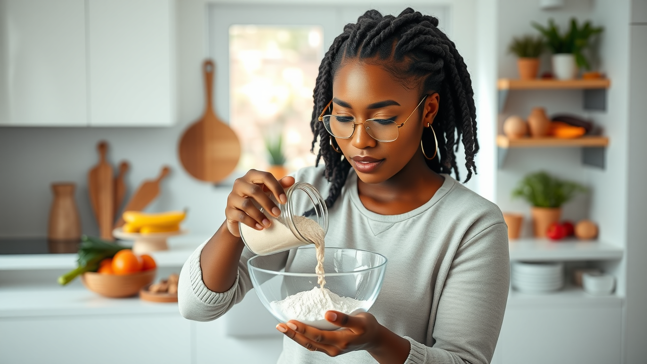 woman preparing nutritious snack using almond flour, illustrating weight loss and satiety benefits