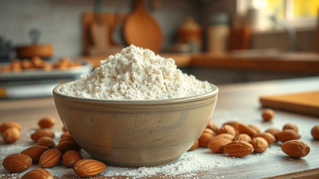 bowl of finely ground almond flour with whole almonds on a rustic kitchen countertop, illustrating health benefits of almond flour