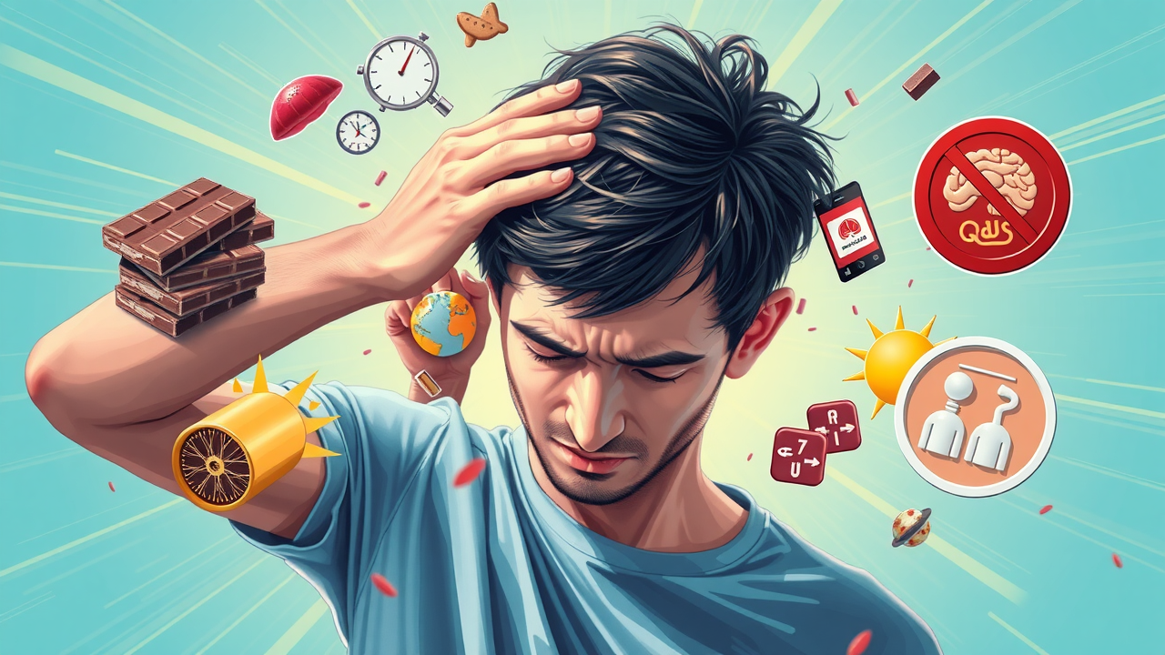 Migraine triggers illustration with stress, chocolate, and light depicted