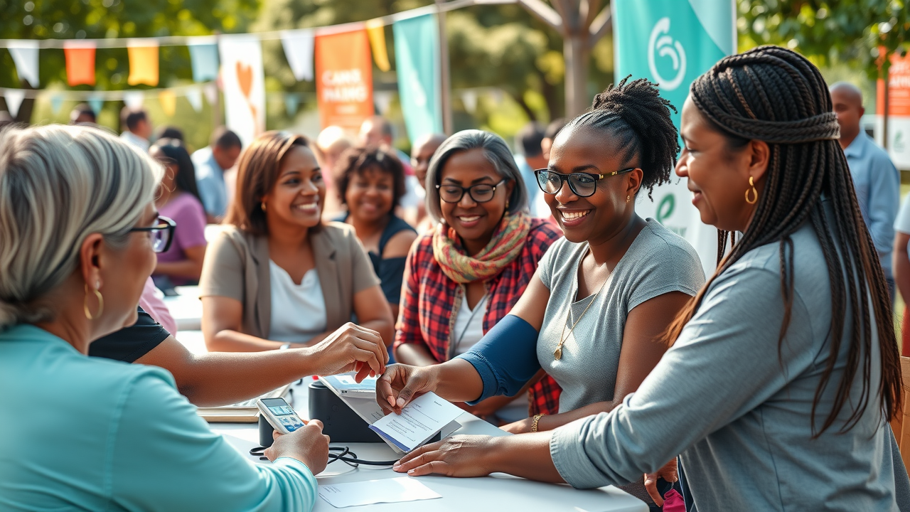 diverse adults at community blood pressure screening with nurse, outdoor event, natural sunlight, smiles