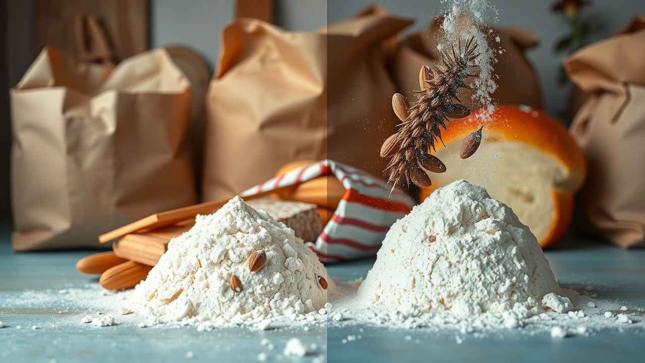 side-by-side comparison of almond flour and wheat flour in hands, with breads in background, highlighting health benefits