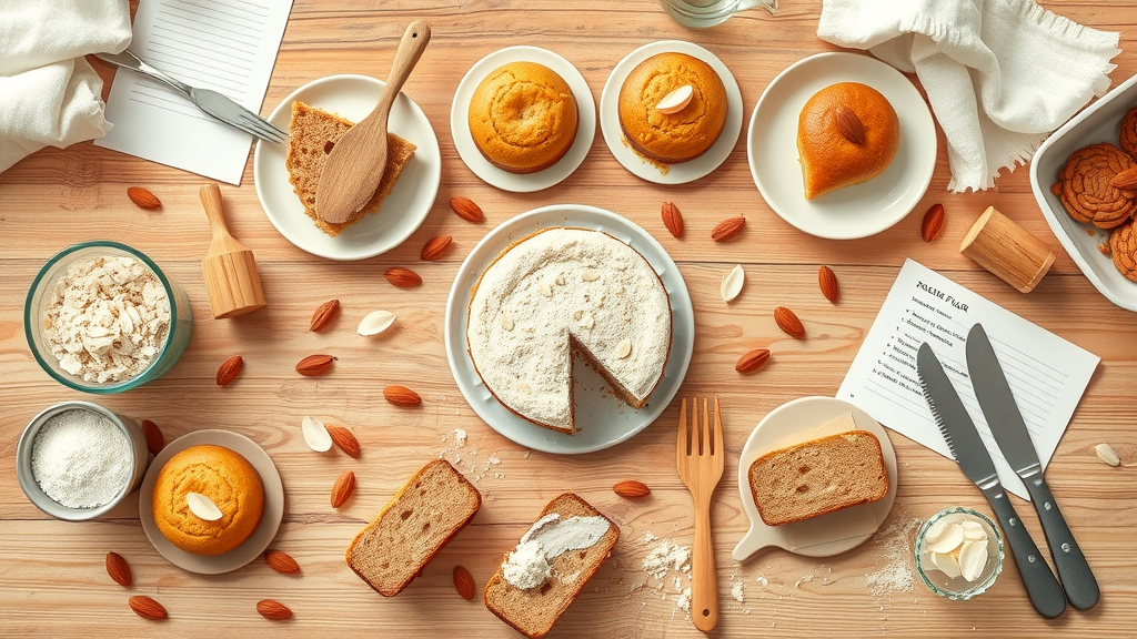 flat lay of various almond flour baked goods and ingredients showcasing maximum health benefits of almond flour in cooking
